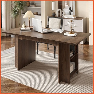 Homhougo 63 Inch Farmhouse Dining Table with 4 Storage Shelves, Seats 4-6 Walnut