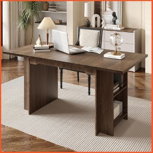 Homhougo 63 Inch Farmhouse Dining Table with 4 Storage Shelves, Seats 4-6 Walnut - 1 of 4