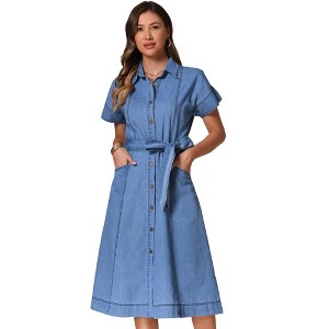 INSPIRE CHIC Women's Denim Casual Button Down Short Sleeves Belted Midi Dress - 1 of 4