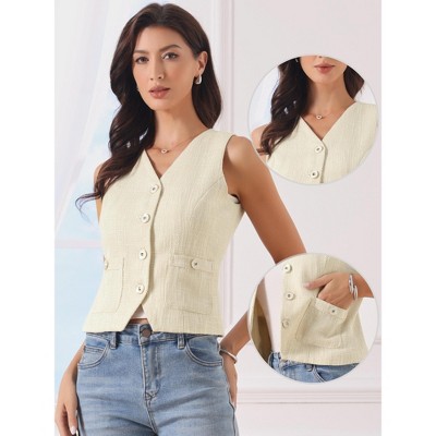 INSPIRE CHIC Women's Tweed Work V Neck Sleeveless Button Down Office Cropped Waistcoat Small Beige — фото 2