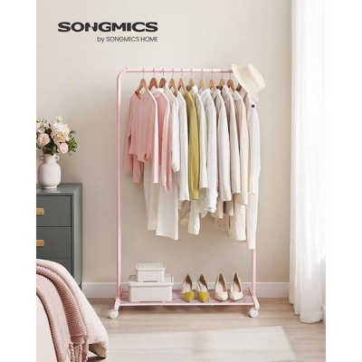 Jelly Pink Steel Portable Clothes Rack with Wheels and Storage Shelf
