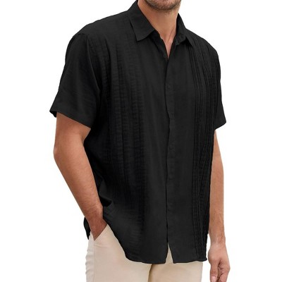 Men's Cotton Linen Shirts Relaxed Fit Short Sleeve Beach Button Down Shirt Button Up Pleats Guayabera Shirts