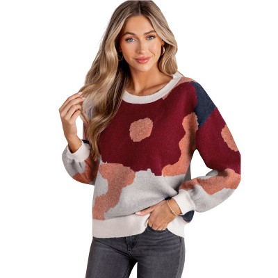 Women's Abstract Round Neck Long Sleeve Knit Sweater - Cupshe