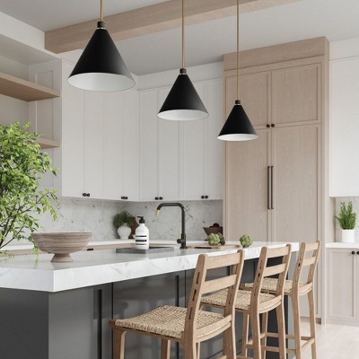 Aged Brass and Black Metal Cone Pendant Light