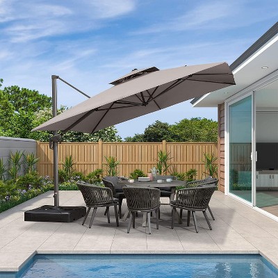 PURPLE LEAF Outdoor Cantilever Umbrella with Base Large Patio Umbrella Windproof Heavy Duty Hanging Offset Umbrella for Garden Outdoor Pool