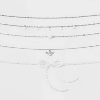 White Bead Bow and Chain with Angel Choker Necklace Set 5pc - Wild Fable™ Silver/White