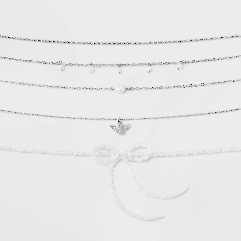 White Bead Bow and Chain with Angel Choker Necklace Set 5pc - Wild Fable&#8482; Silver/White, 1 of 10
