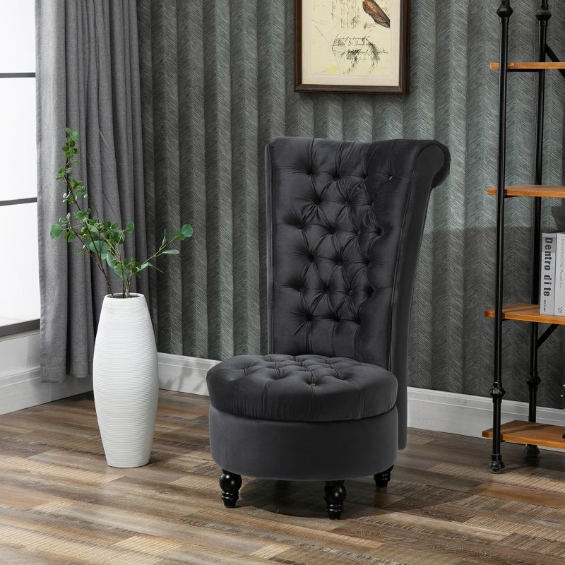 HOMCOM High Back Accent Chair, Upholstered Armless Chair, Retro Button-Tufted Royal Design with Thick Padding and Rubberwood Leg, Black, 2 of 7