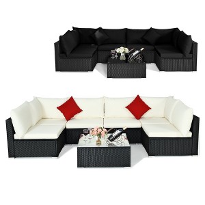 Costway 7PCS Patio Rattan Furniture Set Sectional Sofas Off White & Black Cushion Covers - 1 of 4