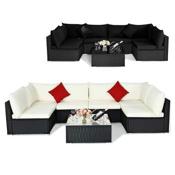 Costway 7PCS Patio Rattan Furniture Set Sectional Sofas Off White & Black Cushion Covers