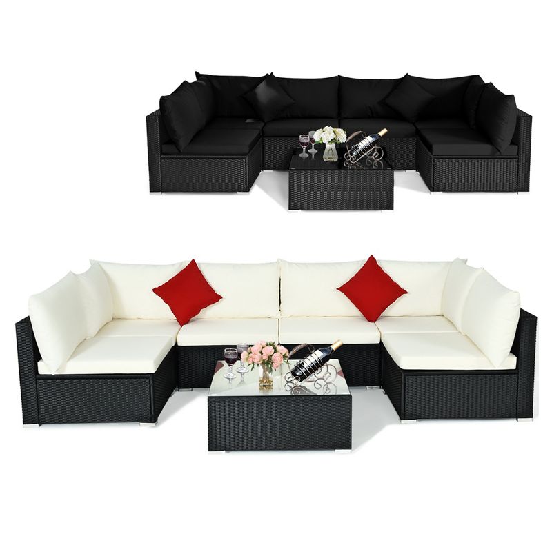 Costway 7PCS Patio Rattan Furniture Set Sectional Sofas Off White & Black Cushion Covers, 1 of 11