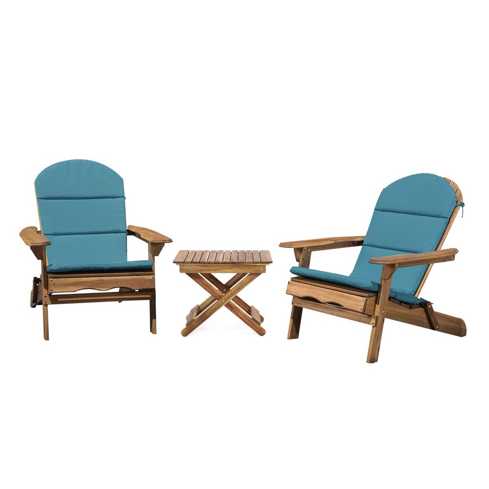 Malibu 3pc Outdoor 2 Seater Acacia Wood Chat Set with Cushions – Dark Teal/Natural – Christopher Knight Home  – Patio and Outdoor​