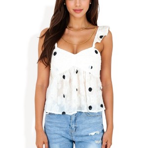 Anna-Kaci Women's Swiss Dot Sleeveless Babydoll Top with Ruffle Strap and Embroidered Polka Dots - 1 of 4