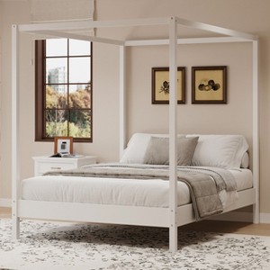 Queen/King Size Four Poster Platform Bed, Solid Wood Canopy Bed Frame, No Box Spring Needed - ModernLuxe - 1 of 4