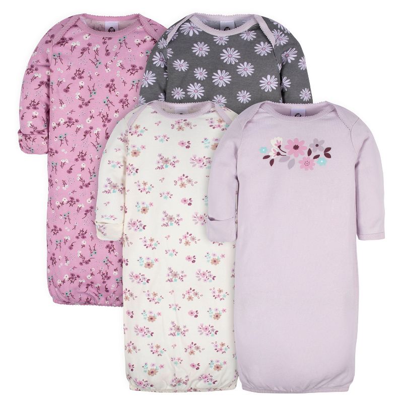 Gerber Baby Girls' Long Sleeve Gowns with Mitten Cuffs - 4-Pack, 1 of 10