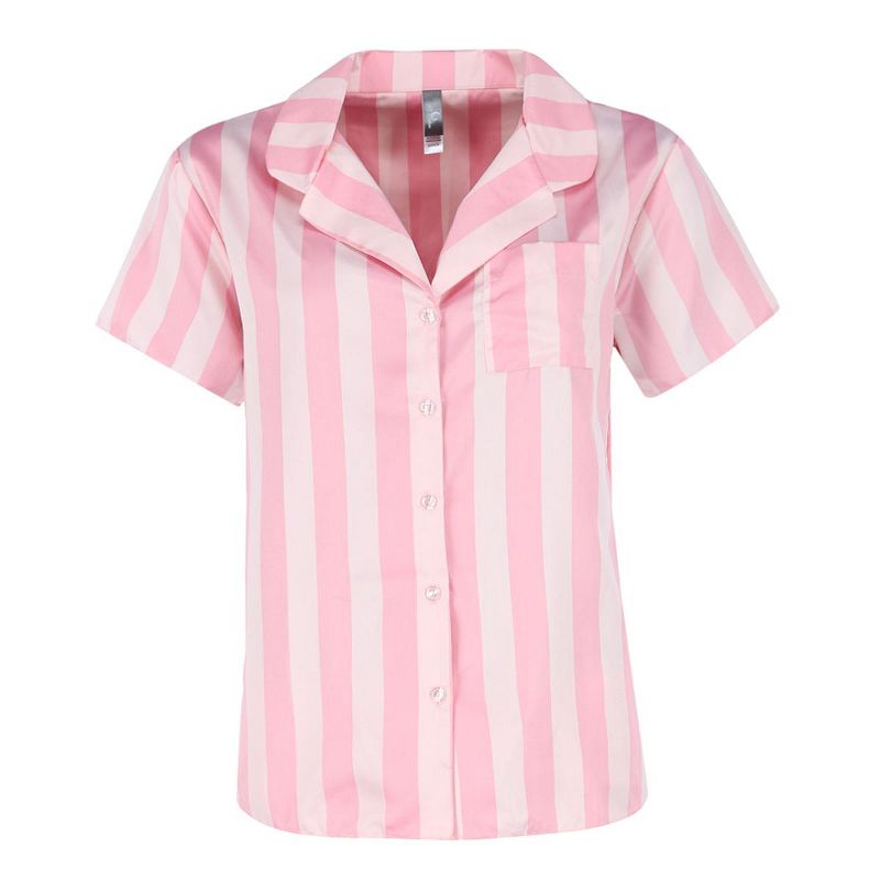 PJ Couture Women's Pink Stripe Notch Collar Short Set, 2 of 4