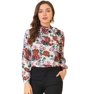 Allegra K Women's Bow Tie Neck Puff Sleeve Floral Print Blouse - 1 of 4