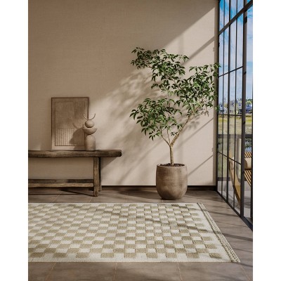Beige Checkered Handwoven Wool 5' x 8' Area Rug