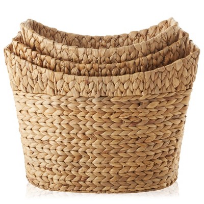 Set of 3 Natural Water Hyacinth Oval Storage Baskets with Handles
