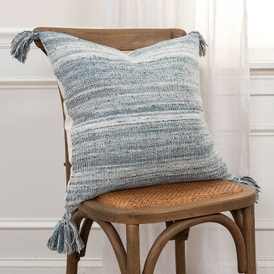 20" Gray and Teal Striped Tassel Throw Pillow