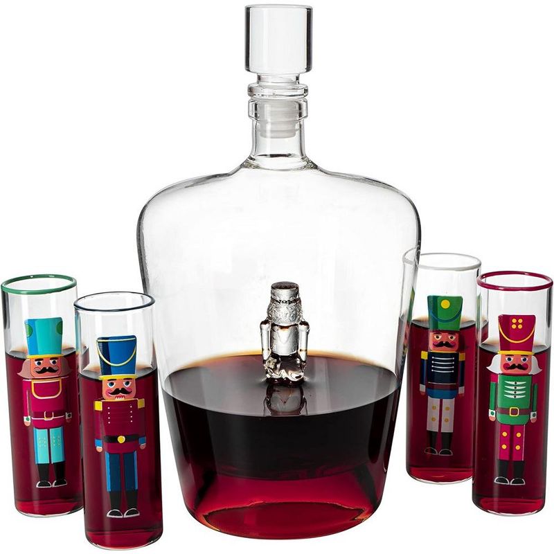 The Wine Savant Nutcracker Design Wine & Whiskey Decanter Set Includes 5 Nutcracker Design Shot Glasses, Holiday Home Decor - 1130 ml, 1 of 6