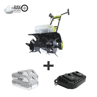 Sun Joe 24V-X2-TLR14 48-Volt iON+ Cordless Garden Tiller/Cultivator Kit | W/ 2 x 2.0-Ah Batteries and Charger.