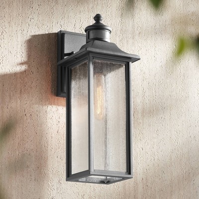 Black Mission Style Outdoor Wall Light with Seeded Glass