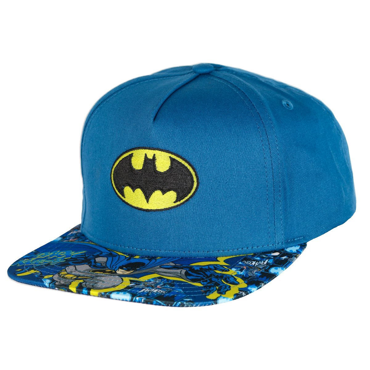DC Comics Batman Boys' Flat-Brim Hat Sublimated Snapback Adjustable OSFM Kids Baseball Cap Blue