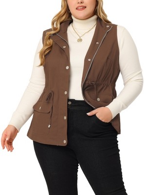 Agnes Orinda Women's Plus Size Utility Vest Cargo Pocket Drawstring Waist  Sleeveless Jacket Brown 3X