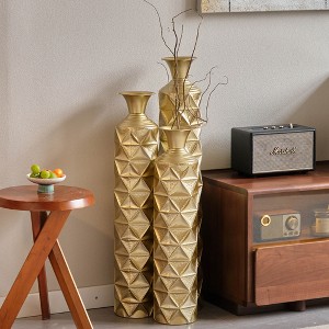 Angel Sar Metal Floor Vase, Tall Large Floor Vase with Glittering Triangle Prism Design (Set of 3) - 1 of 4
