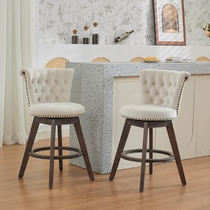 Sapphtopaz Retro Bar Stools Set of 2 with Button Tufted & Nailhead Trim Upholstered Wood Legs Swivel Barstools with Footrest for Kitchen Island - 1 of 4