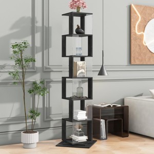 SEVOBAL Decorative Bookshelf 6 Tier Rotating Bookcase with Acrylic Panels and Anti Toppling Base for Living Room, Black, 19.68"*19.68"*74.8" - 1 of 4
