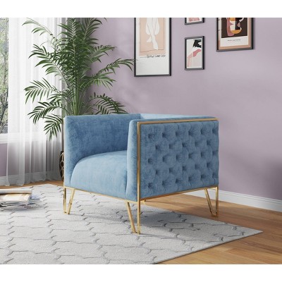 Ocean Blue Velvet Barrel Accent Chair with Geometric Metal Base