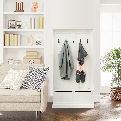 Bright White MDF Hall Tree with Storage Bench and Coat Hooks
