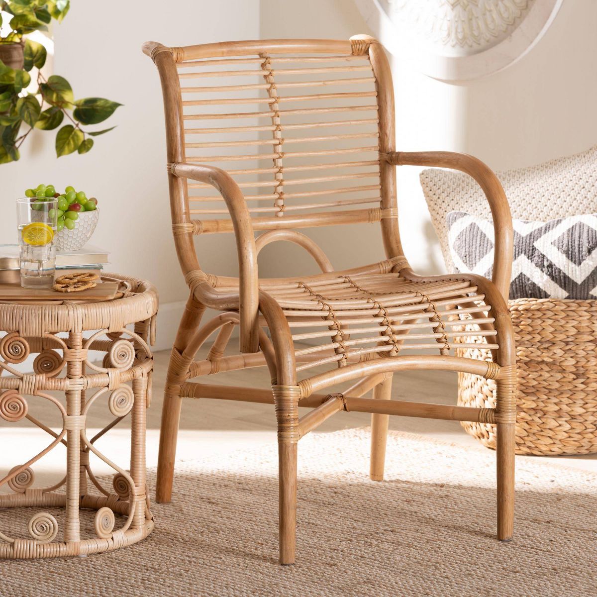 bali & pari Seminyak Natural Rattan Lounge Chair Natural Brown: Indoor Wicker Accent, No Swivel - thumbnail 3