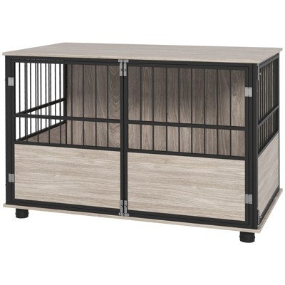 VisioGear 39.5" Dog Crate, Furniture End Table, Wooden Dog Kennel Indoor Pet House with 3 Doors for Small to Large Dogs, Brown, 39.4"*23.6"*26.8"