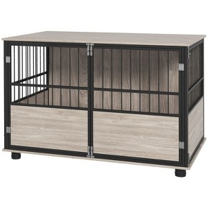 VisioGear 39.5" Dog Crate, Furniture End Table, Wooden Dog Kennel Indoor Pet House with 3 Doors for Small to Large Dogs, Brown, 39.4"*23.6"*26.8" - 1 of 4