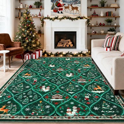 Christmas Area Rug with Tree & Snowflake Print, Non-Slip Floor Mat for Living Room, Bedroom, Dining Room and Playroom