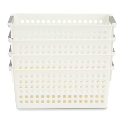 Set of 4 White Plastic Storage Baskets with Gray Handles