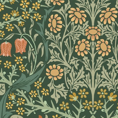 William Morris Deep Green Floral Vinyl Wallpaper Double Roll