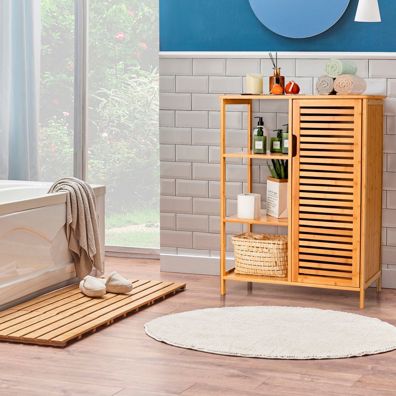 Tangkula Bathroom Storage Cabinet Bamboo Floor Cabinet Free Standing Organizer with Single Door & 3 Open Shelves, 3 of 11