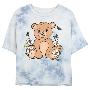 Juniors Womens Lost Gods Adorable Teddy Flowers Crop T-Shirt - 1 of 4