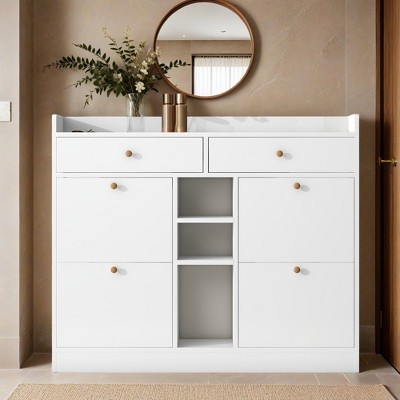 Modern Tipping Bucket Shoe Cabinet with 4 Flip Drawers, Multifunctional 2-Tier Shoe Storage Organizer with Drawers - Leovsnove