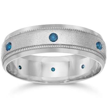 Pompeii3 Blue Diamond Mens Wedding Ring 10k White Gold