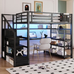 Full Size Metal Loft Bed with Wardrobe, Desk, LED Light, Charge Station, Reversible Staircase, Removable Fabric Pocket & Storage Shelves - ModernLuxe - 1 of 4