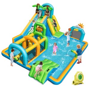 Costway Inflatable Water Park with Climbing Wall Basketball Rim Target Game - 1 of 4
