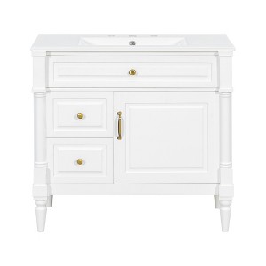 Gulches 36 in 18 in Undermount Rectangular Bathroom Sink in White Solid Rubberwood MDF Ceramic with 3 Drawers Adjustable Shelf Metal Handles - 1 of 4