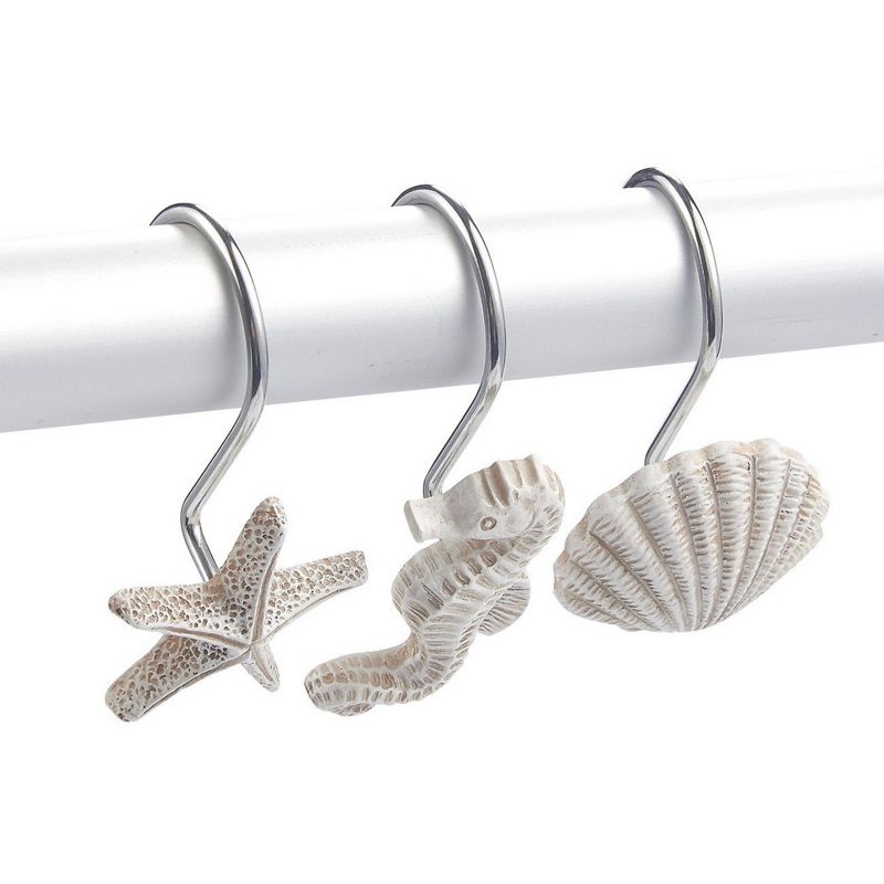 Juvale 12 Pack Beach Shower Curtain Hooks, Decorative Ocean Themed Design with Seahorses, Starfish, and Seashells, 4 of 9