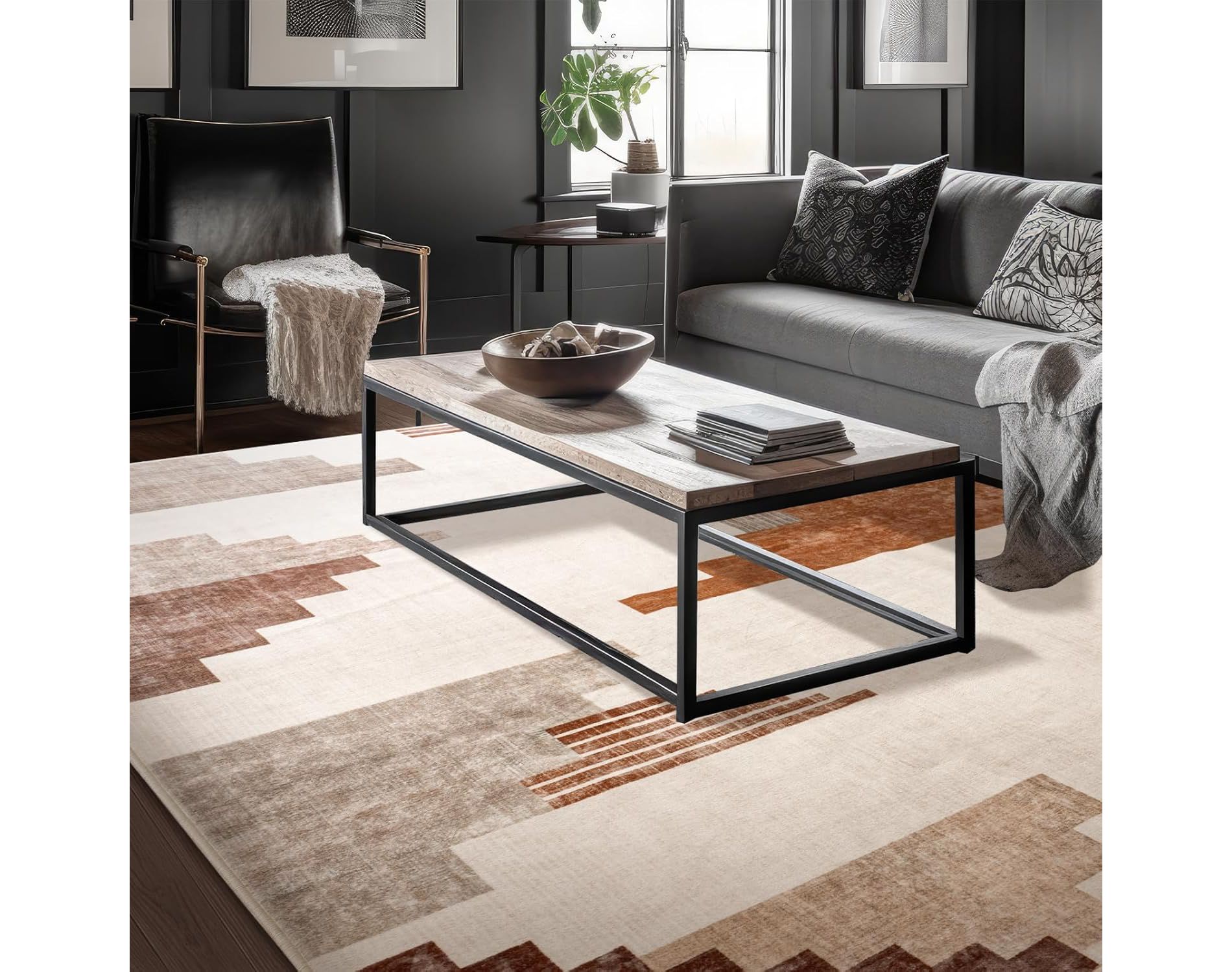 LOVEVOOK Checkered Area Rugs, Washable Area Rug for Living Room Bedroom, Modern Indoor Carpet, Beige Geometric Diamond Carpet