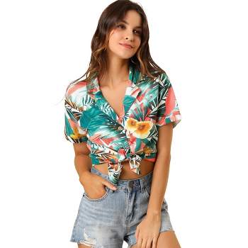 Allegra K Women's Hawaiian Floral Leaves Printed Short Sleeve Button Down Vintage Beach Shirt